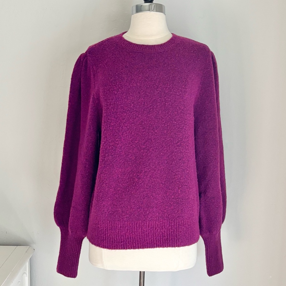 Karen Kane Heathered Berry Plush Puff Sleeve Crewneck Pullover Sweater, XL